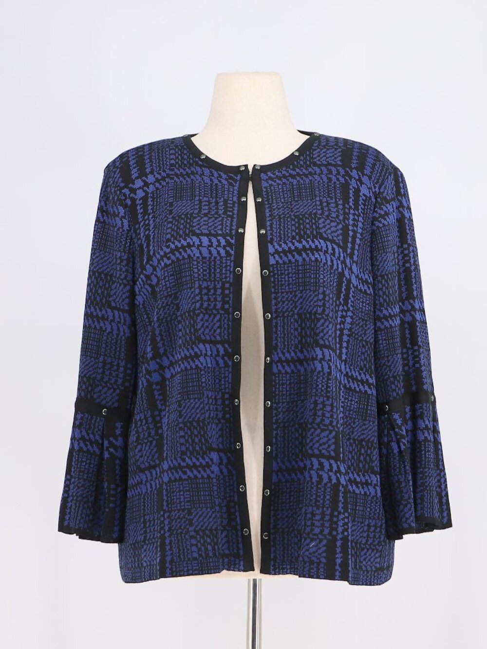 MING WANG Blue Black Plaid Studded Bell Sleeve Knit Jacket Size XL
